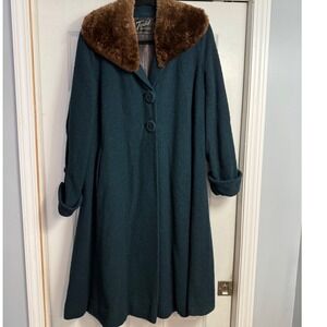 Vtg 60s Princess Swing Coat Todd Brothers Wool Fur Collar Green Women's Overcoat